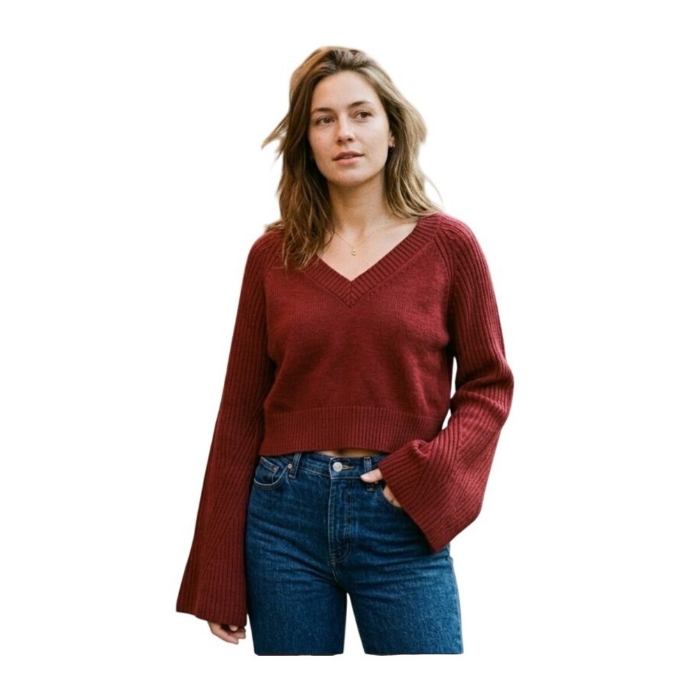Altard State V-Neck Bell Sleeve Sweater Burgundy Red‎ Ribbed Knit XL